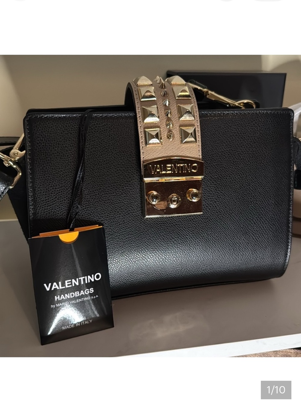 Mario Valentino Black and Gold Crossbody Bag with Studded Clasp NWT